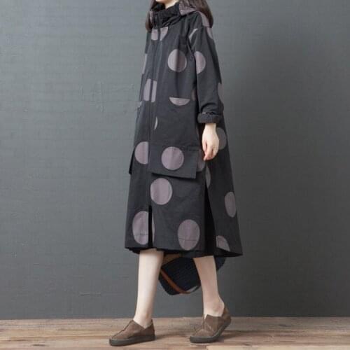 Korean Large Size Dress Female Autumn Fashion New Loose Hooded Dot Print Casual Long Windbreaker Jacket Dress Lady Vestido f2014