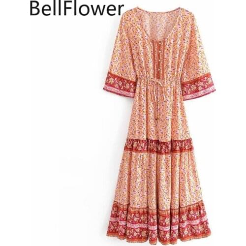 2021 Boho Women Summer Dress Print V-Neck Bandage Shirring Half Sleeve Pullover Korean Sexy Beach Party Bohemian Long Dresses