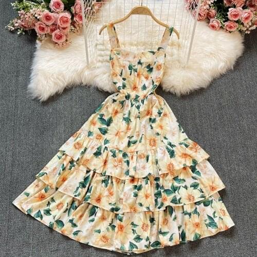 Amolapha Women Summer Casual Beach Bohemia Style Sleeveless Printed Slim Ruffles High Waist Strap A-Line Dress