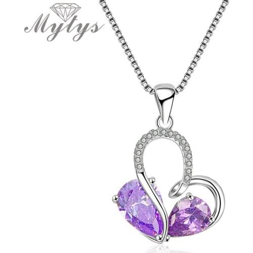 Mytys 925 Sterling Silver Purple Crystal Double Heart Pendant Necklace for Women Valentines Day Engagement Wedding Gift CN502