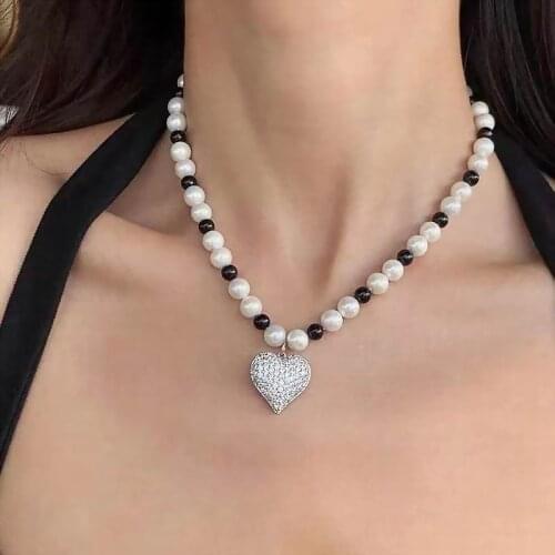 Fashion Heart Statement Black White Pearl Necklace For Women Personality New Jewelry Choker Collares