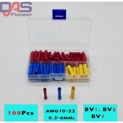 100pcs BV1 BV2 BV5 Terminator wire connector Butt Connectors Assortment Joiner Crimp Electrical Wire Splice Terminal