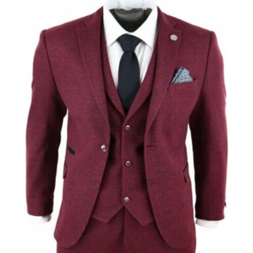 2020 Wine Maroon Plaid Suits Mens Tweed Costume Homme Vintage Tailored Slim Fit Suit 3 Piece Set (Jacket+Vest+ Pant)