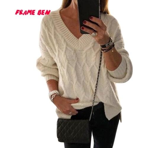 FRAME BEN Womens Sweater 2019 Autumn Winter Sexy V-Neck Long Sleeve Knitted Pullover Female Casual Elegant Sweaters