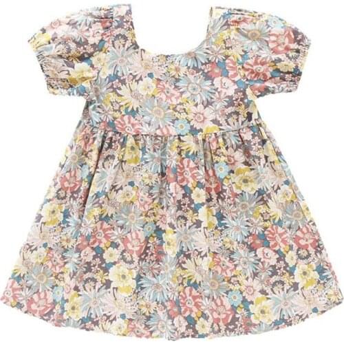 DFXD 1-7Y Baby Girl Summer Dress New Design Cotton Flower Print Puff Sleeve Princess Dress Kids Clothes Korean Girls Dress