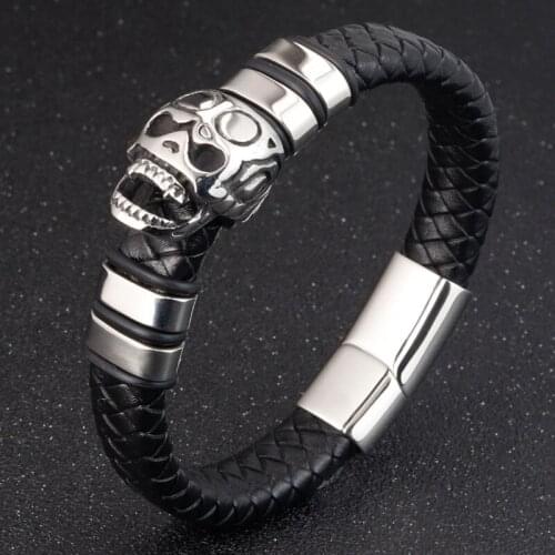 LAMEMDEE Gothic Smile Skull Leather Bracelet Men Vintage Bangles Stainless Steel Accessories Personality Male Punk Jewelry Gifts