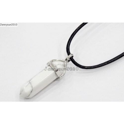 Natural White Tur-quoise Gems Stones Hexagonal Pointed Healing Reiki Chakra Pendant Black Leather Cord Necklace 18'' 5 Sets/Pack