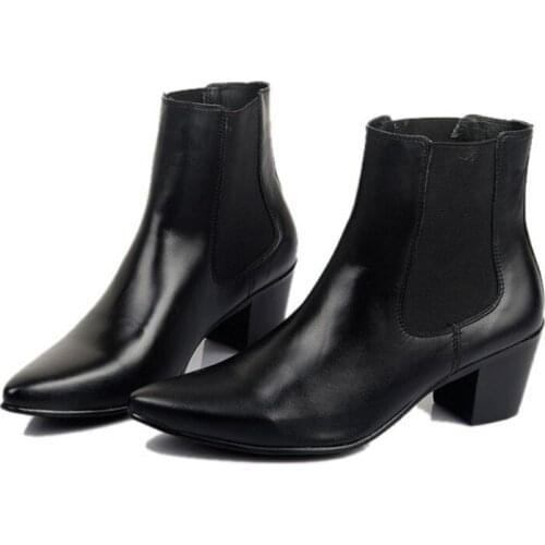 Autumn Fashion Mens 100% Real Leather High Heel Boots Designer Pointed Toe Wedding Office Dress Boots Black Snakeskin Chelsea