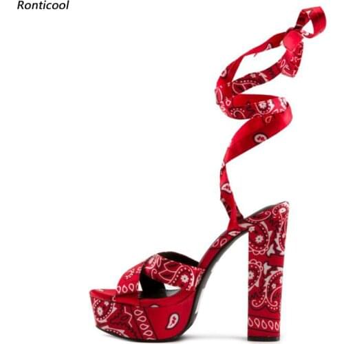 Ronticool Handmade Women Platform Sandals Strappy Block High Heels Open Toe Gorgeous Blue Black Red Party Dress Shoes Size 35-47