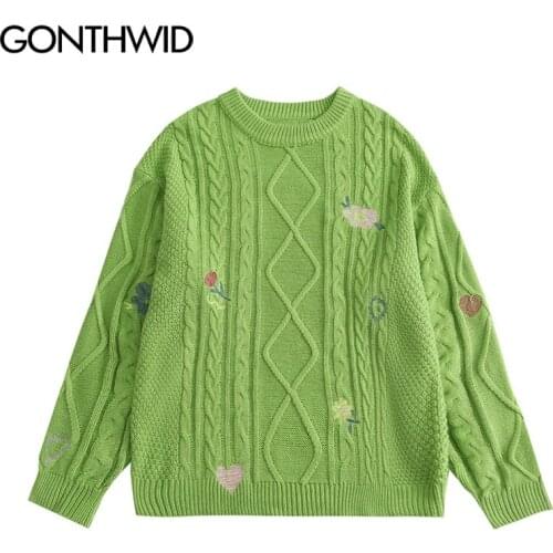 GONTHWID Sweaters Hip Hop Embroidery Flower Heart Knitted Jumpers Sweater Harajuku Loose Casual Streetwear Knitwear Fashion Tops