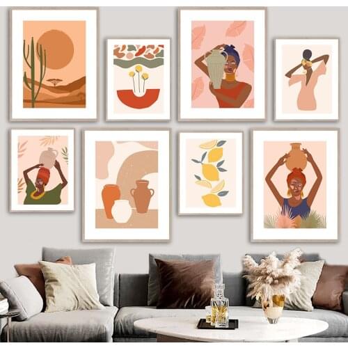 Woman Cactu Sun Cycad Lemon Vase Wall Art Canvas Painting Nordic Posters And Prints Wall Pictures For Living Room Bohemian Decor