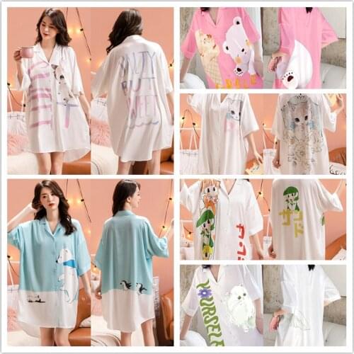 Women Nightgown Button Sleepshirt Satin Chiffon Pajamas Kawaii V-neck Loose Big Shirt Printed Cartoon Nightdress Cute Homewear