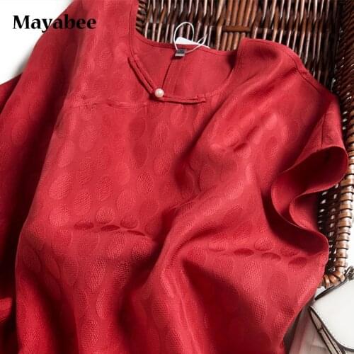 Mulberry Silk Jacquard Polka Dot Wine Red Chinese Short-Sleeved Silk T-Shirt 2021 Summer Ladies Commuter Top