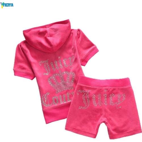 YICIYA Summer Letter printing Velvet zip Tracksuit Juicy 2Piece Set Women Clothing 2021 Short Sleeved Crop Top+short Pant Female