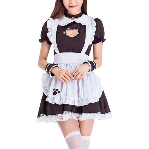 Women Maid Cosplay Animation Dresses Show Restaurant Cutework Crossdress Outfit Fashion Women Hallow Out Dress Ropa Mujer #G3