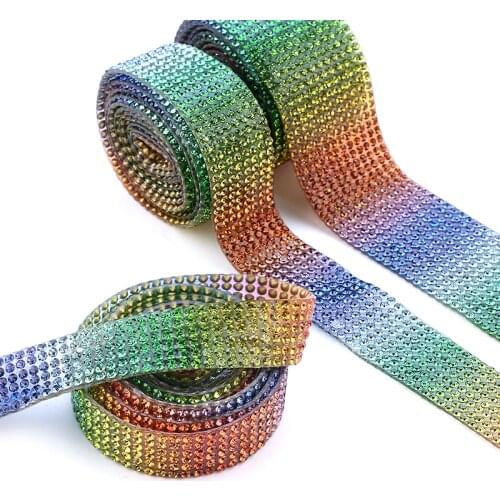1 yard 6/8/12 Rows width Arranged Rainbow Colorful Crystal Hot Fix Rhinestone Tape trim ribbon Iron On Appliques for Dress shoe