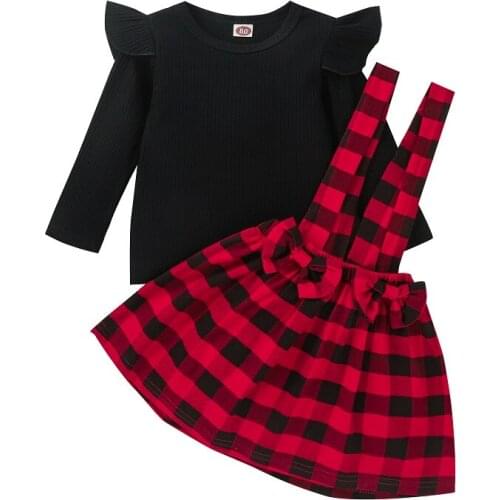 2021 0-4Y Toddler Kids Baby Girl Long Sleeve Cotton T-shirt Tops Plaid Bow Suspender Skirt 2PCS Girls Clothing Set