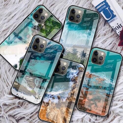 Tempered Glass Case For iPhone 11 12 Pro Max XR 7 8 Plus SE 2020 X XS 6 6S 12Mini Luxury Phone Cover Travel Mountain Sea Beach