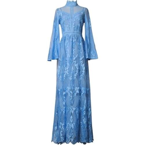 Qian Han Zi Fashion Runway Maxi Dress Womens Flare Sleeve Embroidered Long Dress Mesh Patchwork Hollow out long Party Dress