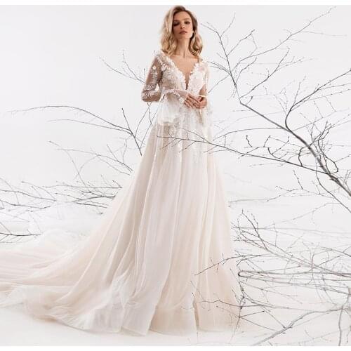 Eightale Elegant Wedding Dress Boho V-Neck Appliques Flare Sleeves Lace Tulle Wedding Gown Bridal Dress vestido casamento