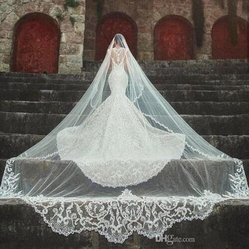 4 Metre Length Wedding Veils Cathedral Length One Layer Appliqued Edge Tulle Bridal Veil For Women Hair Accessories