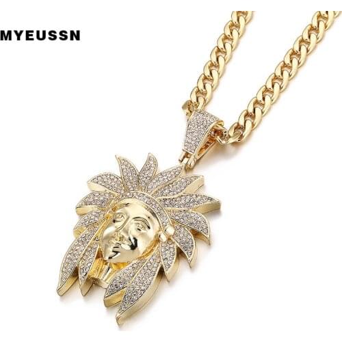 Hip Hop Jewelry Indian Chief Head Pendant Paved Bling Zircon Gold color Charm Neckalce Men Jewelry Titanium Necklaces Jewelry