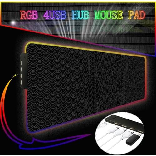 Black Waves RGB 4 Port USB Hub Computer Gaming Mousepad RGB Backlit Mause Pad Large Mousepad XXL for Desk Keyboard LED Mice Mat