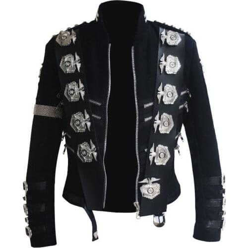 Classic MJ Michael Jackson BAD Black Classic Jacket With Silver Eagle Badges Punk Metal Fashion Badge woolen Clothing Show Gift