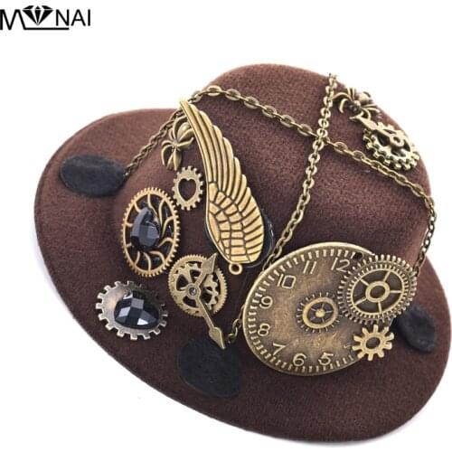 Handmade Mini Victorian Hat with Gears Wing Chains Steampunk Top Hats Party Halloween Hair Clip Accessories Gothic