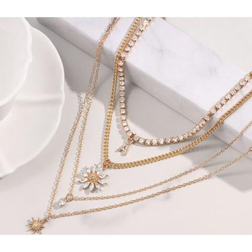 Fashion Shiny Rhinestone Flower Letter Choker Necklaces For Women Girl Multi Layer Crystal Tennis Chain Necklace Jewelry Gifts