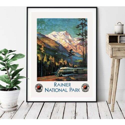 Mount Rainier National Park Vintage Travel Poster Canvas Painting , Rainier USA Park Wall Art Picture Retro Prints Home Decor