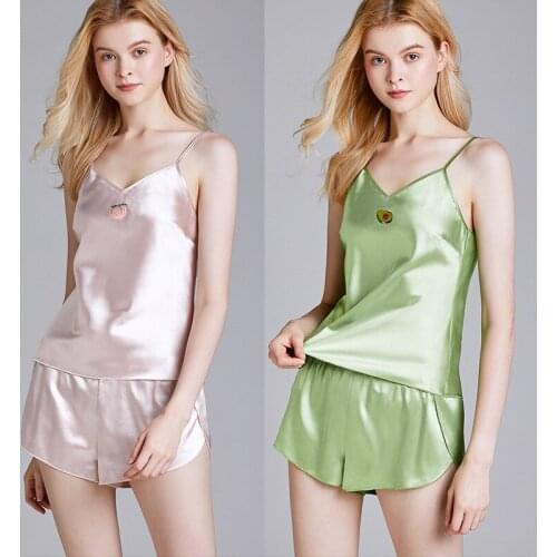 Summer New Strap Top&Shorts 2PCS Pajamas Set Lady Cute Fruit Sleepwear Sexy V-Neck Backless Nightwear Ice Silk Intimate Homewear