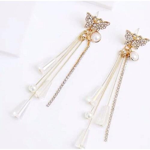 New Fashion Butterfly Drop Tassel Earring Long Metal Tessel Crystal Simulated Pearl Stud Earrings Butterfly Drop Ear Jewelry