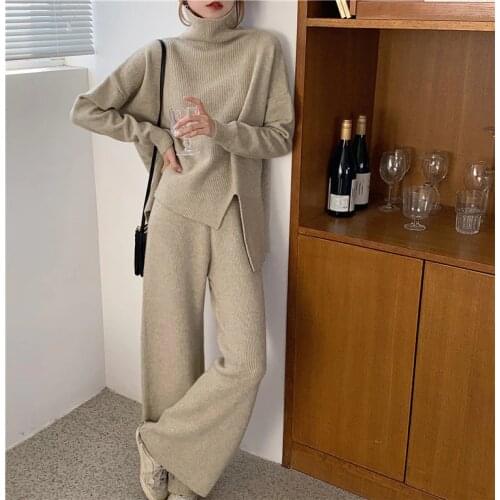 New Overszie Women Sweater 2 Piece Sets Womens Elegnat Knitted Suits Pullover Female Knitting Sweaters Long Sleeve Outerwear