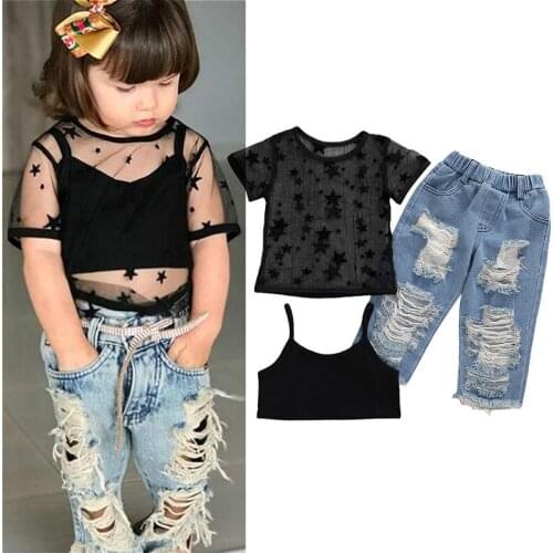 2-7Y Kids Baby Girl Clothes Sets 2021 Summer Star Mesh Sheer T-shirt +Solid Vest +Ripped Denim Pants Fashion Child Outfits