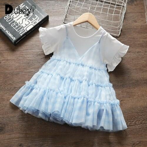 Baby Girl Dress Summer Toddler Girl Dresses Little Girl Clothes Sheer Dress Suspender Dress and T Shirt 2 Pcs Sets