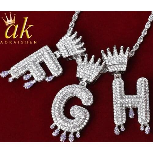 Initial Crown Purple Drip Bubble Letter Pendant For Women Silver Color With Rope Chain Zirconia Hip Hop Rock Street Jewelry