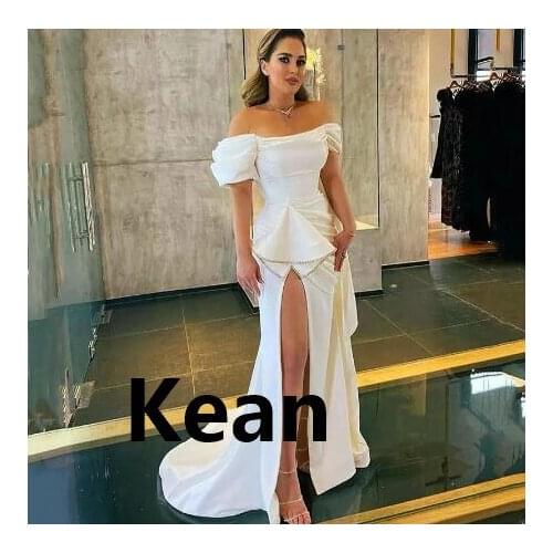 Simple Satin High Slit Off Shoulder Evening Dresses Special Occasion Dress Islamic Dubai Kaftan Saudi Arabic Prom Dress
