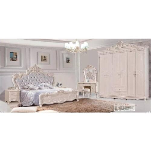 Modern european solid wood bed Fashion Carved leather french bedroom set furniture king size HC0033