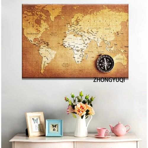 Vintage World Mapcompass Canvas Painting Posters and Prints Ancient Map Old Retro Map Wall Art for Living Room Home Decoration