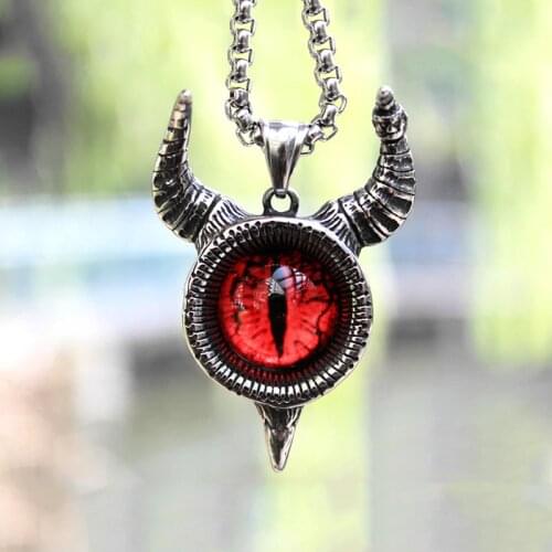 Vintage Stainless Steel Satan Goat Horns Pendant Necklace Men Women Lucifer Demon Eye Pendant Punk Hip Hop Pagan Jewelry Gift