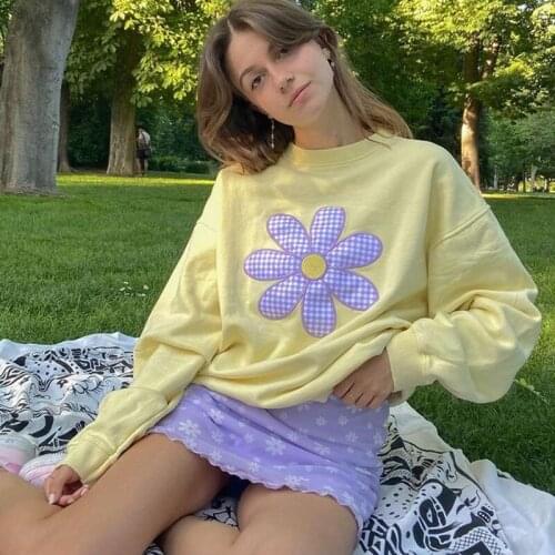 Aesthetic sweet daisy pattern oversized Hoodies y2k Kawaii winter streetwear long sleeve Casual yellow women sweetshirts tops