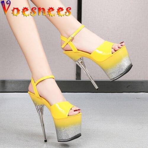 Voesnees Women Sandals Summer 2021 Female Shoes New Bling Thin Heels Patent Leather Platform Stripper High Heels Wedding Shoes