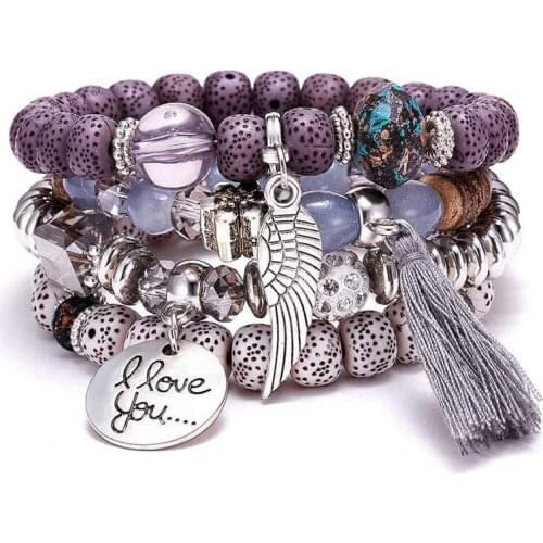 Natural Stone Beads Bracelets For Women Wing Tassel Letters Charm Bracelets & Bangles Boho Vintage Jewelry Pulseras Mujer Moda