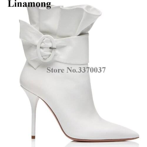 Brand Design Women Fashion Pointed Toe Suede Leather Ruffle Thin Heel Short Boots Red White Black Buckle High Heel Ankle Boots