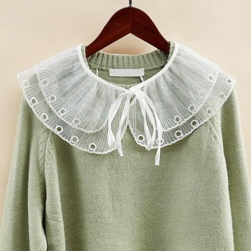 Women Ribbon Bowknot False Fake Collar Double Layer Hollow Out Lapel Big Shawl Wrap Embroidery Trim Necklace Short Poncho