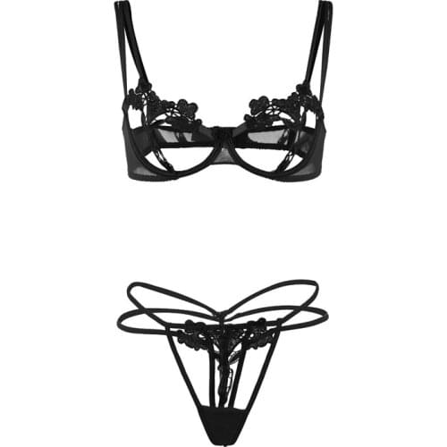 Womens Underwear Sex Sets Black Red Hollow Out Lace Open Cup Bra Set Embroidery Exotic Underwear Women Set RW80751