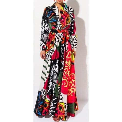 Fashion Turn Down Collar Long Maxi Dress 2021 High Waist Femme Vestiods Robe Long Maxi Dresses Casual Women Dress