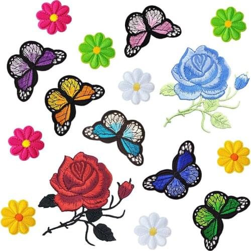 1 Set Butterfly Rose Embroidery Patches Cloth Stickers Iron on Patch Badge for DIY Clothing Bags Sewing Decoration