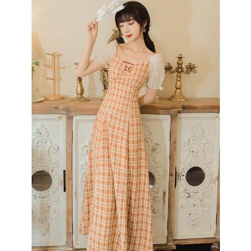 2020 new fashion womens clothing Square Collar Plaid Short Vintage dresses women dress